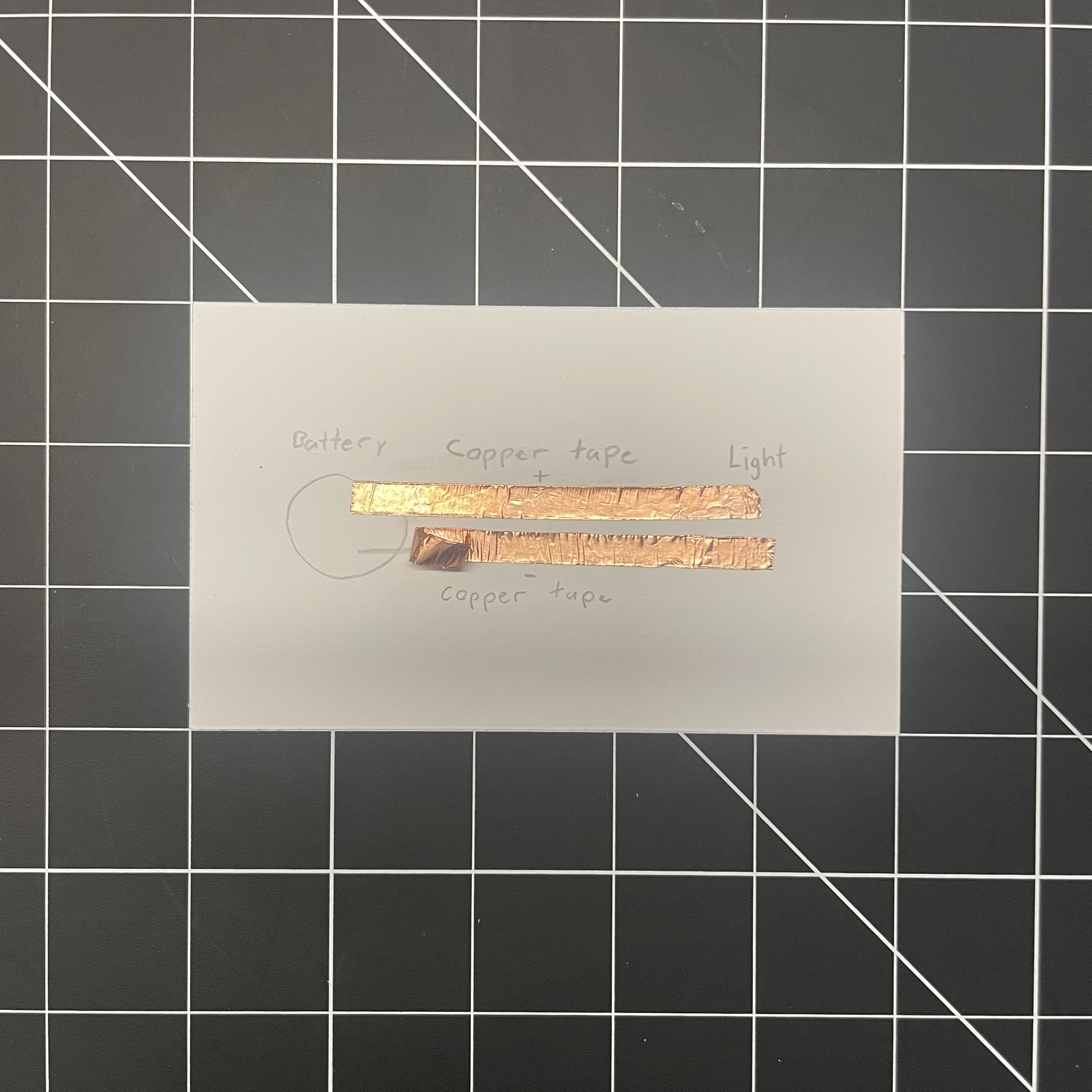 This image contains the next step of the circuit with the copper tape attached