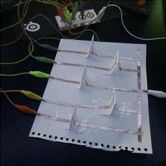 This is the tenth circuit, it these sort of pinch tabs, with the whole circuit made with paper as the base and copper tape as the conductor, the paper tabs can be pinched to complete the circuit and activate one of the buttons, it is a simple circuit but a somewhat unique concept.