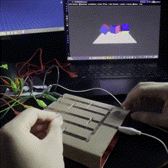 This is the ninth circuit with the visuals of the fifth p5 sketch being displayed on the screen.